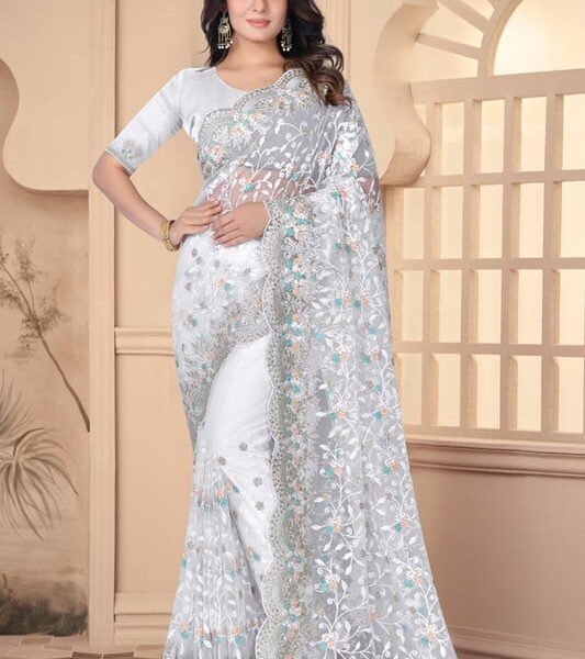 Designer White Resham Embroidery Work Net Saree