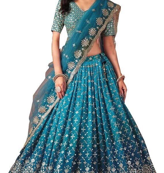 Designerharsha Women’s Teal Blue Embroidered Lehenga Choli Set with Dupatta, Designer Indian Bridal Wedding Wear Outfit