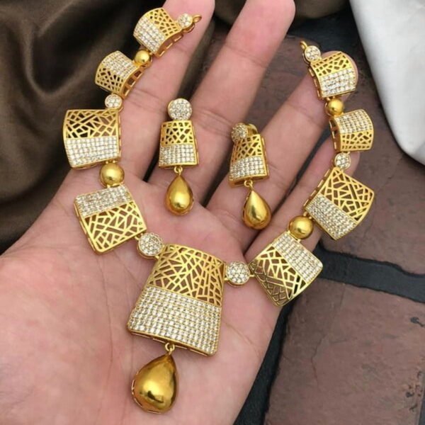 Diamond Gold Necklace - Indian Designer CZ Jewelry, AD Gold Plated Necklace, South Indian Temple Bridal Wedding Jewelry Set for Women