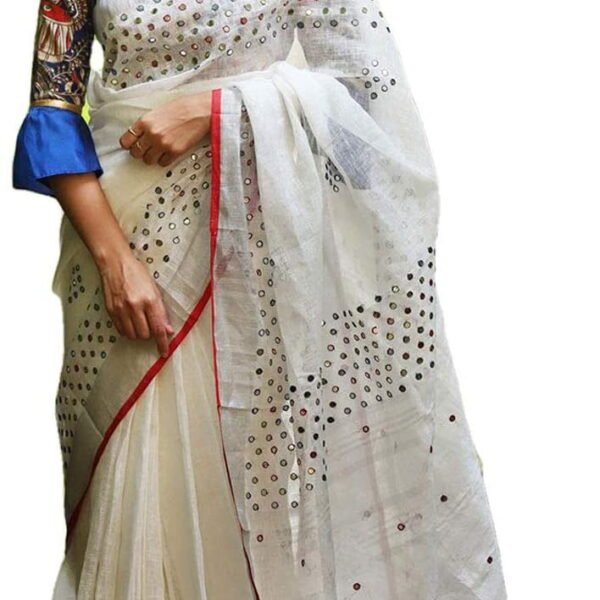 Ethnic Indian Women's Bhagalpuri Handloom Cotton Linen Saree with Red Border with Beautifully Decorate Soft tussels