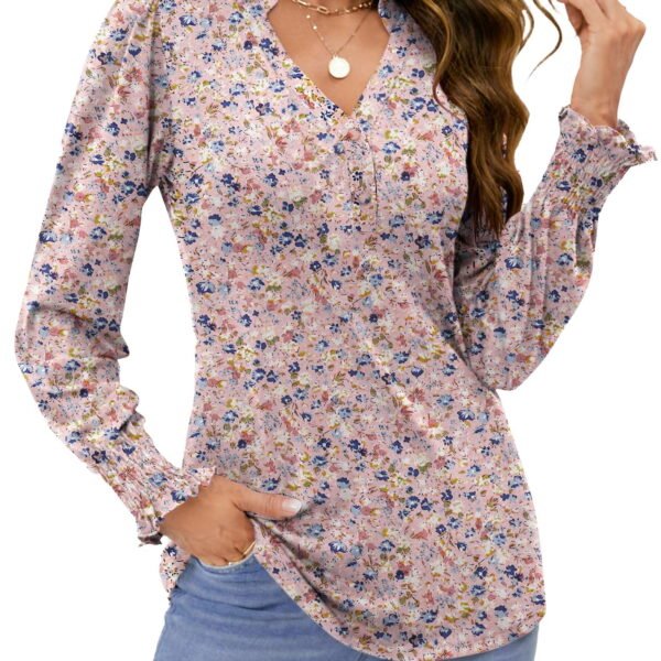 Fantaslook Womens Tops Dressy Blouses V Neck Puff Long Sleeve Tunic Tops Button Fall Shirts