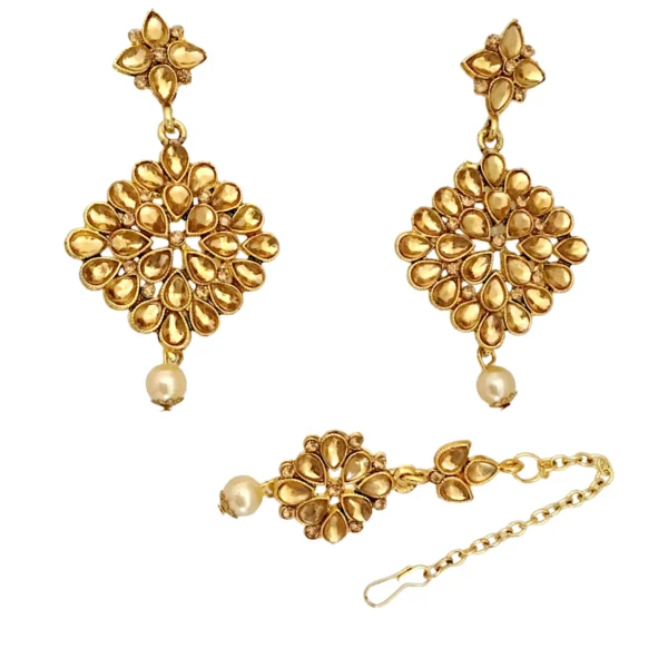 Gold Bridal Maang Tikka Earring Bollywood KUNDAN Indian Pearl Polki Wedding Set1