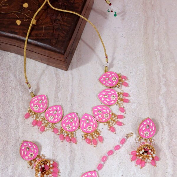 Gold-Plated Kundan Stone Studded Pink Meenakari Jewellery Set