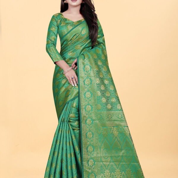 Green & Gold-Toned Woven Design Zari Silk Blend Banarasi Saree - 18861462