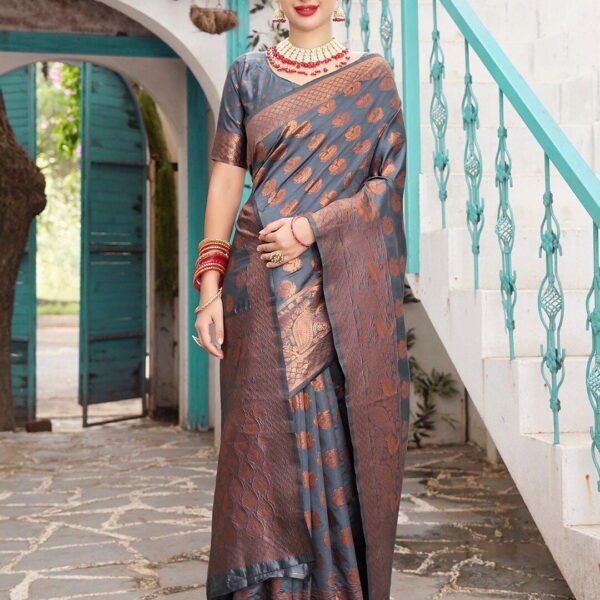 Grey & Gold-Toned Ethnic Motifs Woven Design Zari Art Silk Banarasi Saree - 25231480