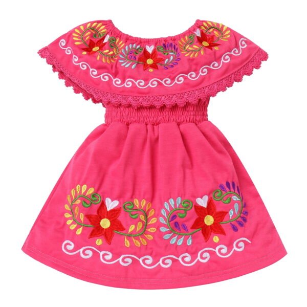 IDOPIP Toddler Baby Girls Floral Embroidered Mexican Dress Ethnic Wear Off-Shoulder Sundress 12-18 Months,Baby Pink