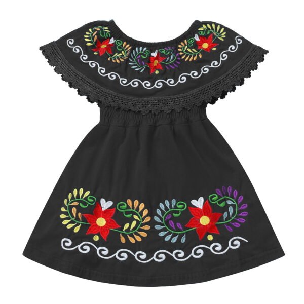 IDOPIP Toddler Baby Girls Floral Embroidered Mexican Dress Ethnic Wear Off-Shoulder Sundress 3-4 Years,Black
