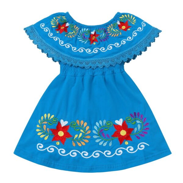 IDOPIP Toddler Baby Girls Floral Embroidered Mexican Dress Ethnic Wear Off-Shoulder Sundress 5-6 Years,Blue
