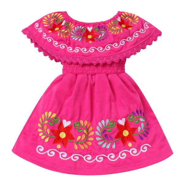 IDOPIP Toddler Baby Girls Floral Embroidered Mexican Dress Ethnic Wear Off-Shoulder Sundress