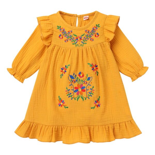 IDOPIP Toddler Girl Mexican Dress Long Sleeve Floral Embroidery Dress Traditional Ethnic Casual Dress