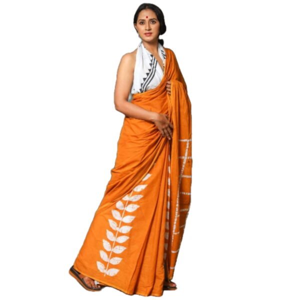 India Meets India Ethnic Indian Women's Soft Handblock Cotton Designer Mulmul Sarees (Orange)