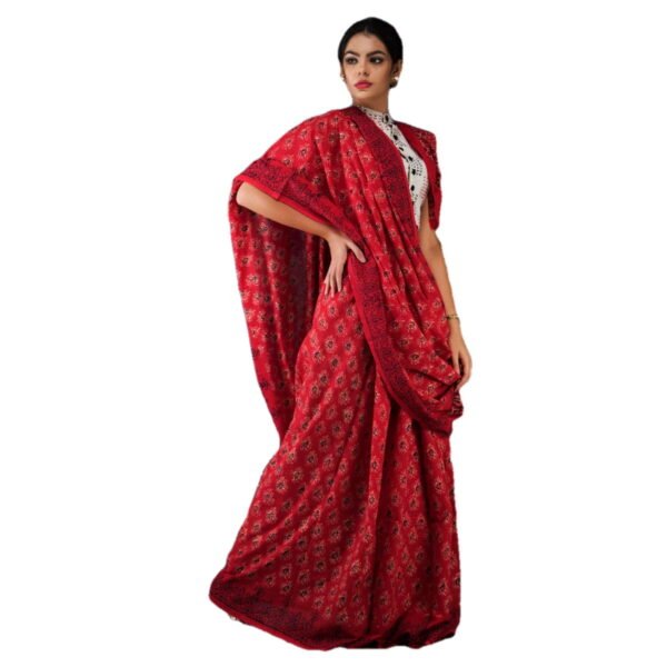 India Meets India Ethnic Indian Women's Soft Handblock Cotton Designer Mulmul Sarees (Red2)