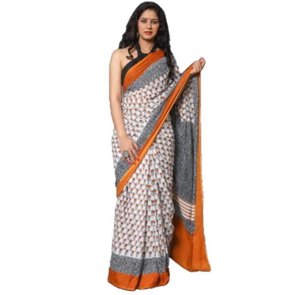 India Meets India Ethnic Indian Women's Soft Handblock Cotton Designer Mulmul Sarees (White Grey)