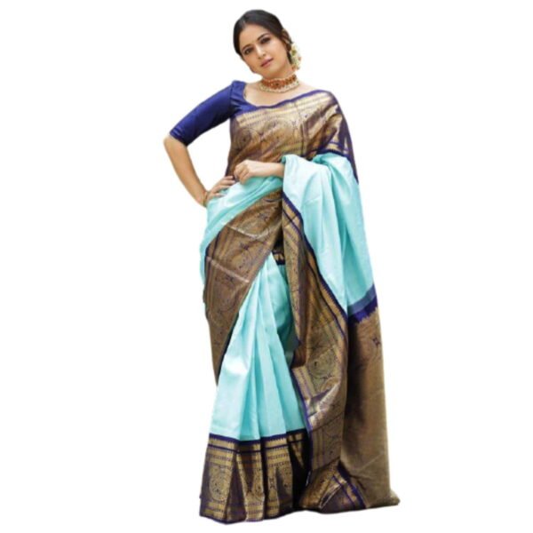 India Meets India Soft Silk Kanjivaram Saree with Beautiful Broad Border and zari Weaving and Pallu (Blue)