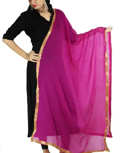 Indian Crafts Women Chiffon Solid Long Indian Traditional Dupatta With Golden Lace Shawl Stole Chunni Scarf Wrap Stole