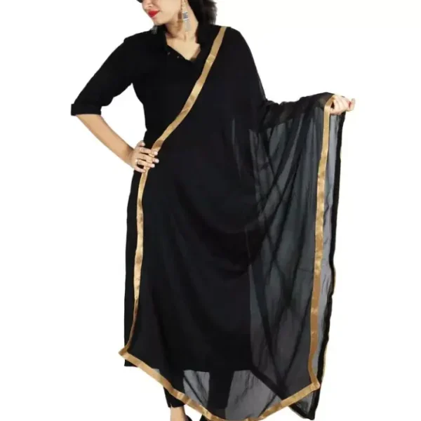 Indian Crafts Women Chiffon Solid Long Indian Traditional Dupatta With Golden Lace Shawl Stole Chunni Scarf Wrap Stole