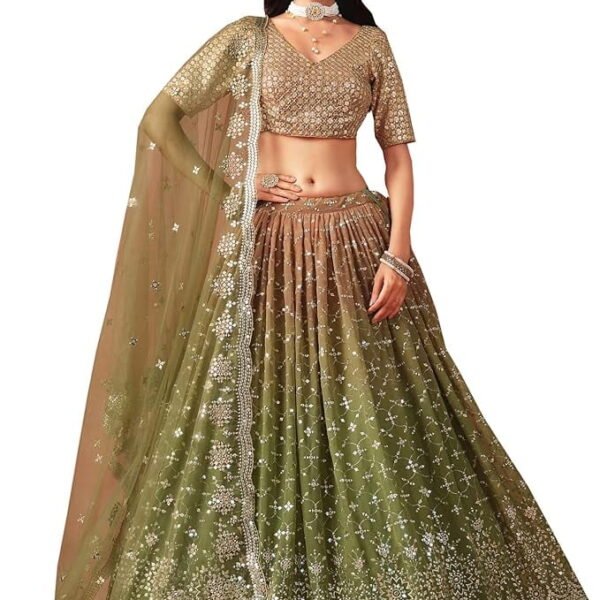 Indian Pakistani Mehndi & Haldi Function Wear Designer Stitched Bridal Look Heavy Lehenga Choli ( Olive Green, S - 38 )