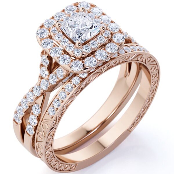JeenMata 1.25 ct - Square Moissanite - Double Halo - Twisted Band - Vintage Inspired - Pave - Wedding Ring Set in 18K Rose Gold Plated for Women