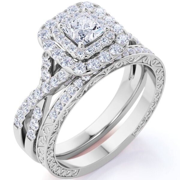 JeenMata 1.25 ct - Square Moissanite - Double Halo - Twisted Band - Vintage Inspired - Pave - Wedding Ring Set in 18K White Gold Plated for Women