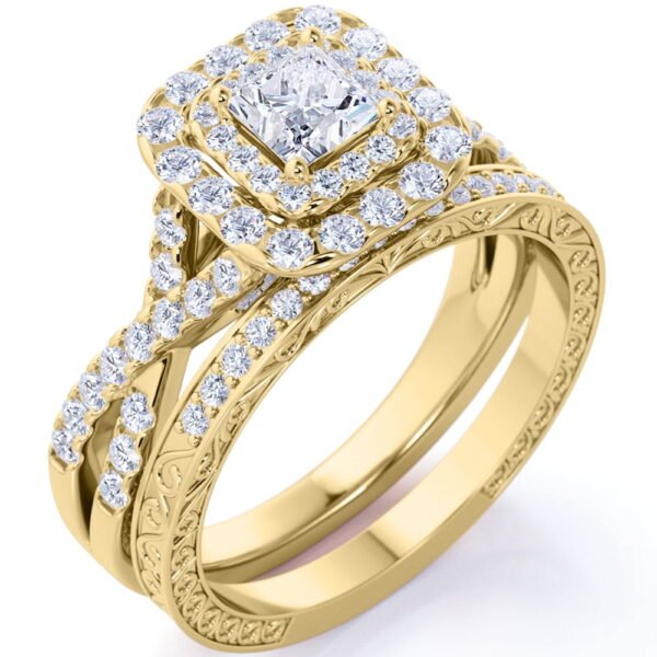 JeenMata 1.25 ct - Square Moissanite - Double Halo - Twisted Band - Vintage Inspired - Pave - Wedding Ring Set in 18K Yellow Gold Plated for Women
