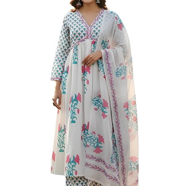 Leriya Fashion Anarkali Suit Kurta Set with Dupatta for Women | White Anarkali Salwar Suit - Indian Ethnic Traditional Wear Kurta Set