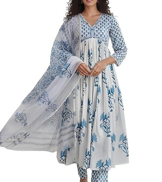 Leriya Fashion Anarkali Suit Kurta Set with Dupatta for Women | White Anarkali Salwar Suit - Indian Ethnic Traditional Wear Kurta Set