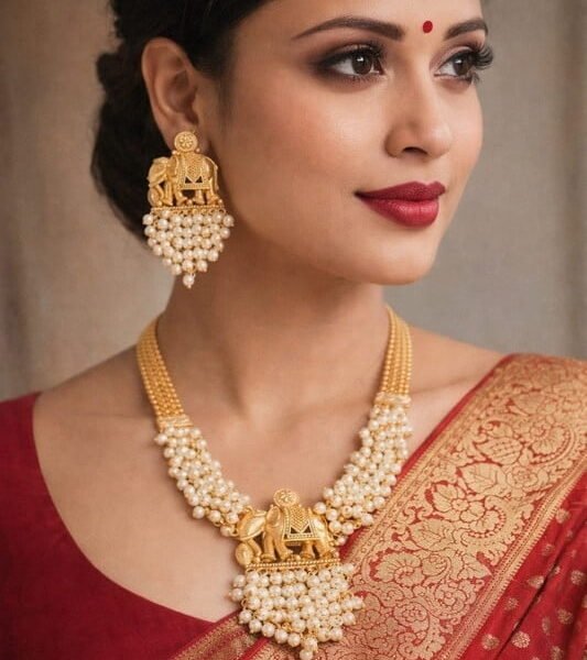 Monta LuxeX Gaj Mukta Temple Necklace Set Traditional Gold Plated Pearl Ethnic Jewelry