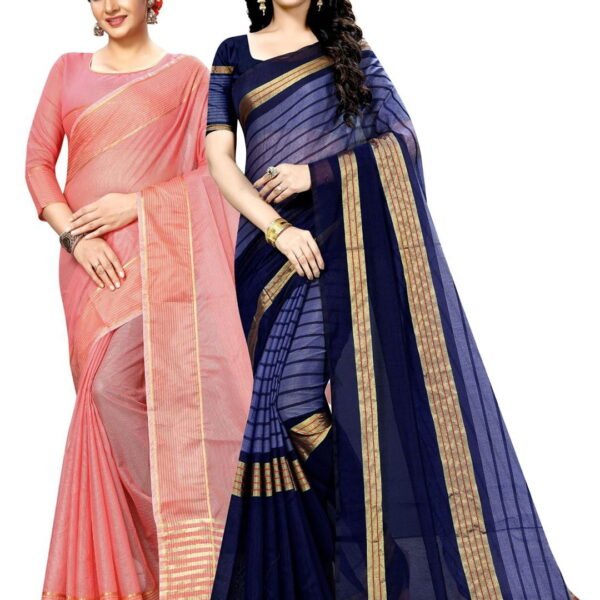Peach-Coloured & Navy Blue Striped Zari Ilkal Saree - 21460152