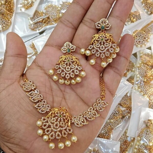 Peacock Matte Gold Finish Haram Necklace Set – South Indian Temple Jewelry with White & Green CZ Stones
