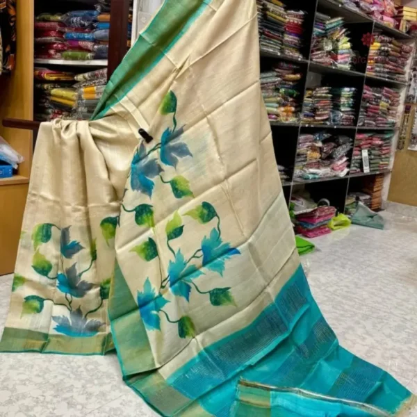 Pearl White Hand Painted Pure Gachi Tussar Silk Saree