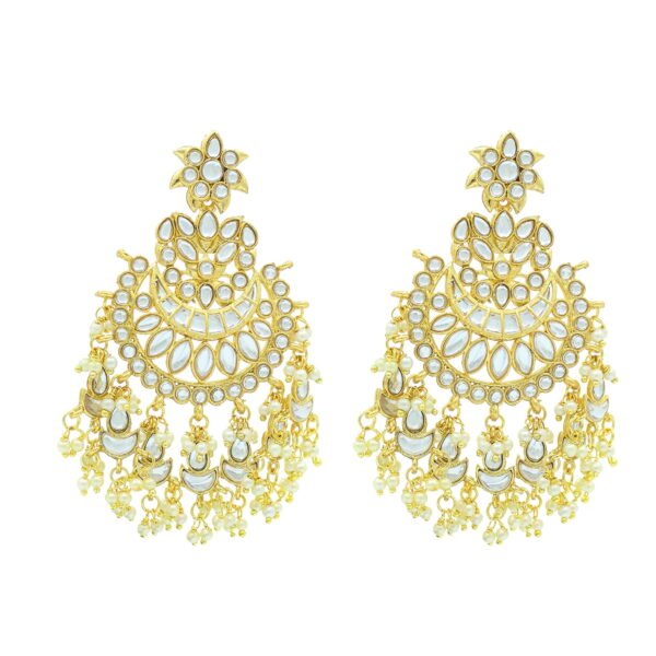 Radhna Pachi Kundan Chandbali Long Gold Plated Earrings for Women (White)
