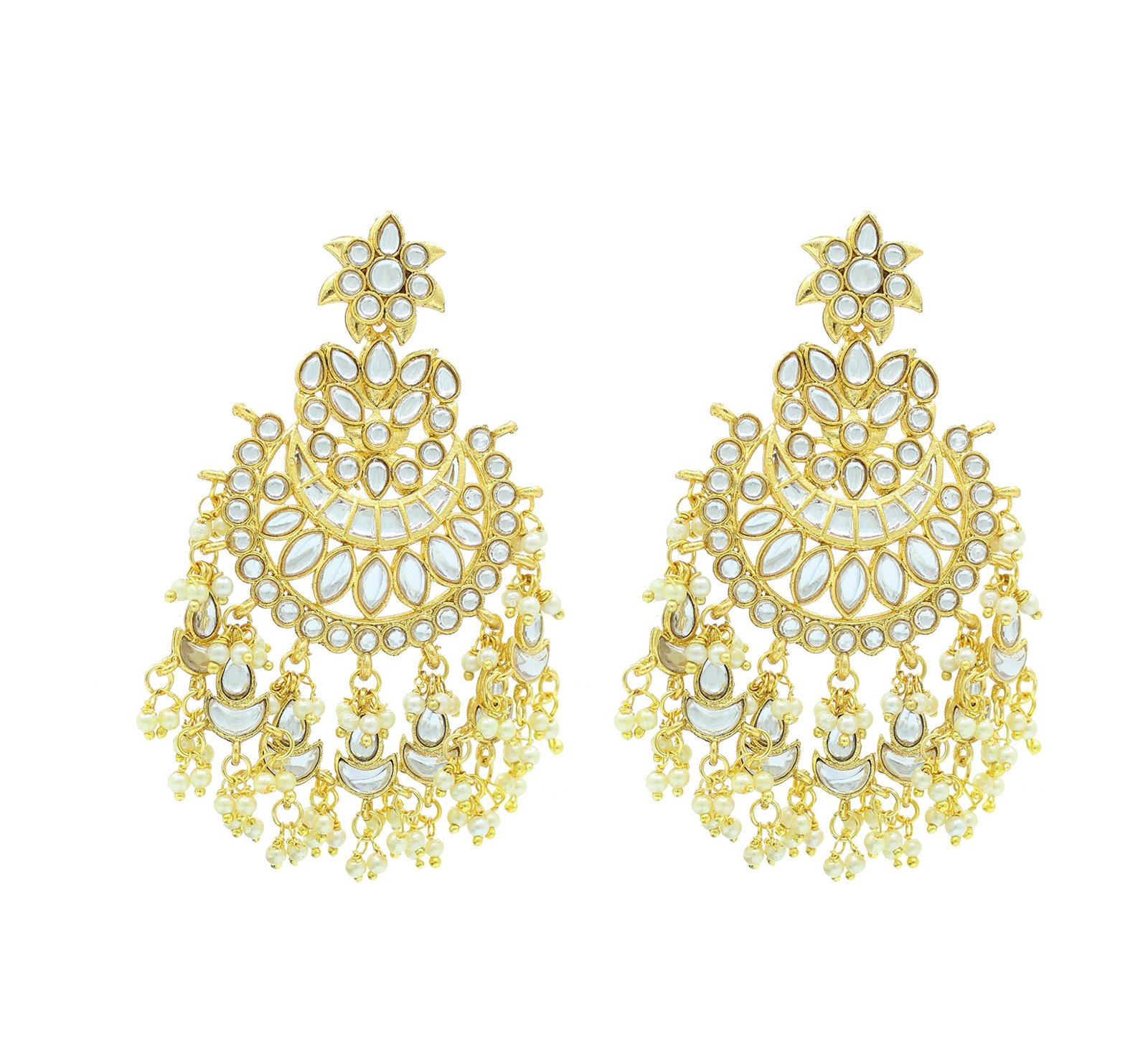 Radhna Pachi Kundan Chandbali Long Gold Plated Earrings for Women (White)
