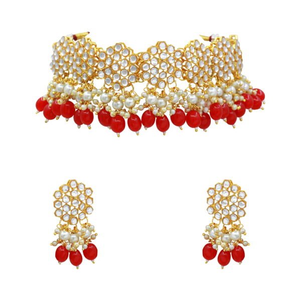 Radhna Traditional Design look Gold Plated Kundan Stone Studded Pearl & Beads Choker Necklace With Earring Jewellery Set (Red)