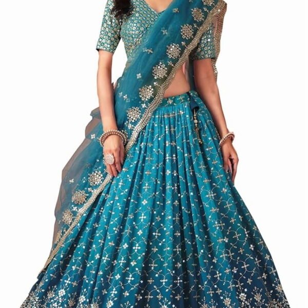 Ramzan Special Party Wear Sewn Heavy Embroidery Worked Lehenga Choli With Net Dupatta ( Greenish Blue, XS - 36 )