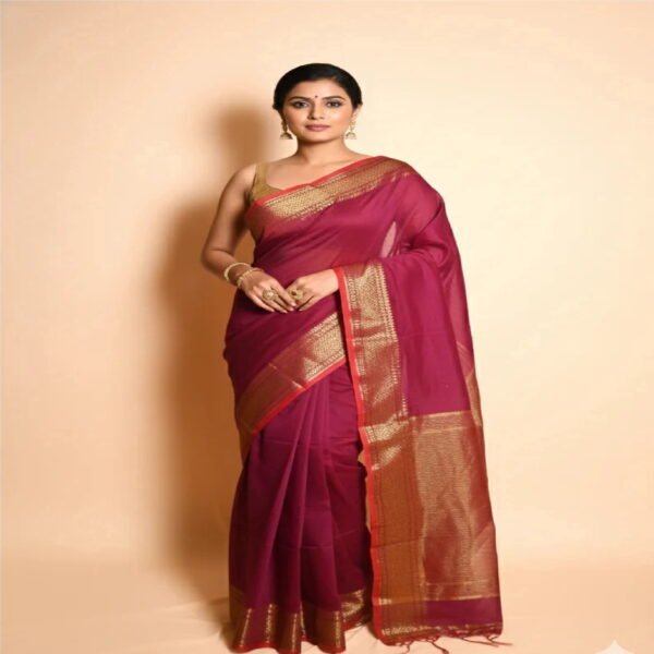 SAREEN Magenta Mangalagiri Cotton Saree with Gold Zari Border – Festive Classic