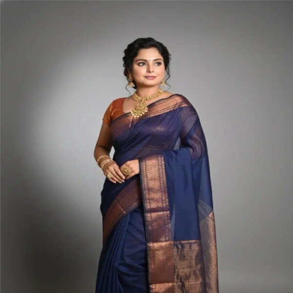 SAREEN Navy Blue Silk Saree with Antique Gold Zari Border – Royal Classic