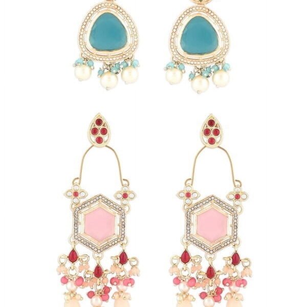 Set Of 2 Blue & Pink Kundan & Austrian DiamondsTraditional Dangle Drop Earring For Women