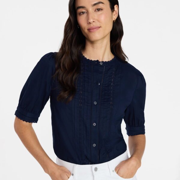 Time and Tru Women's and Women's Plus Lace Inset Button Front Cotton Shirt with Short Sleeves, Sizes XS-4X