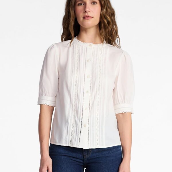 Time and Tru Women's and Women's Plus Cotton Lace Inset Blouse with Elbow Length Sleeves, Sizes XS-4X