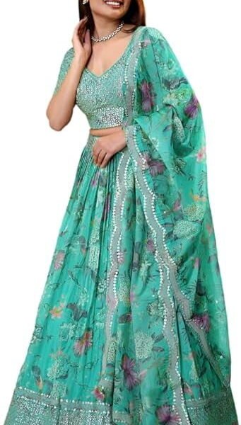 Traditional Wear Floral Printed Indian Pakistani Designer Lengha Choli Heavy Sequins Worked Lehenga Choli ( Sky Blue, L - 42 )