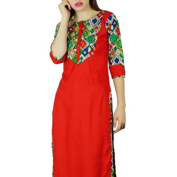 Bimba Women Red Rayon Tunic 3/4 Sleeve Kurta Kurti Casual Formal Clothing