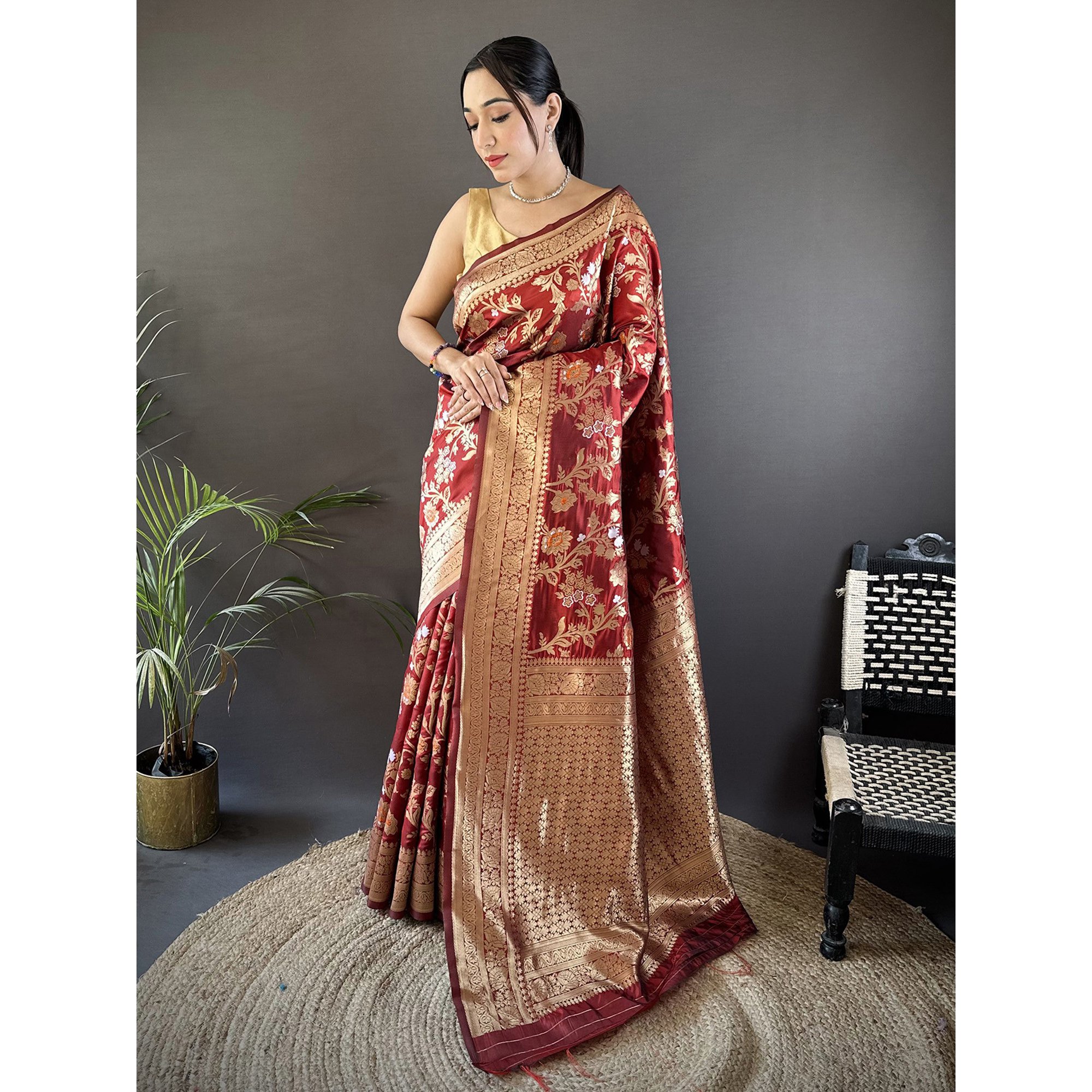 Exotic India Red Banarasi Silk Saree