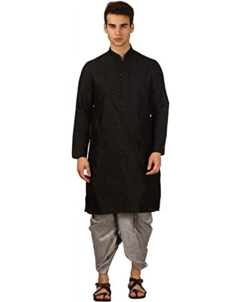 Royal Kurta Black Silk Kurta Dhoti Set - Style 66318