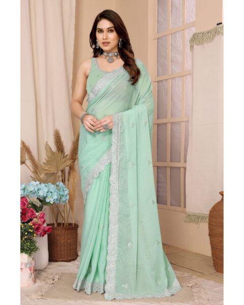 Saree Buta Green Chiffon Embroidered Saree - Style 69843