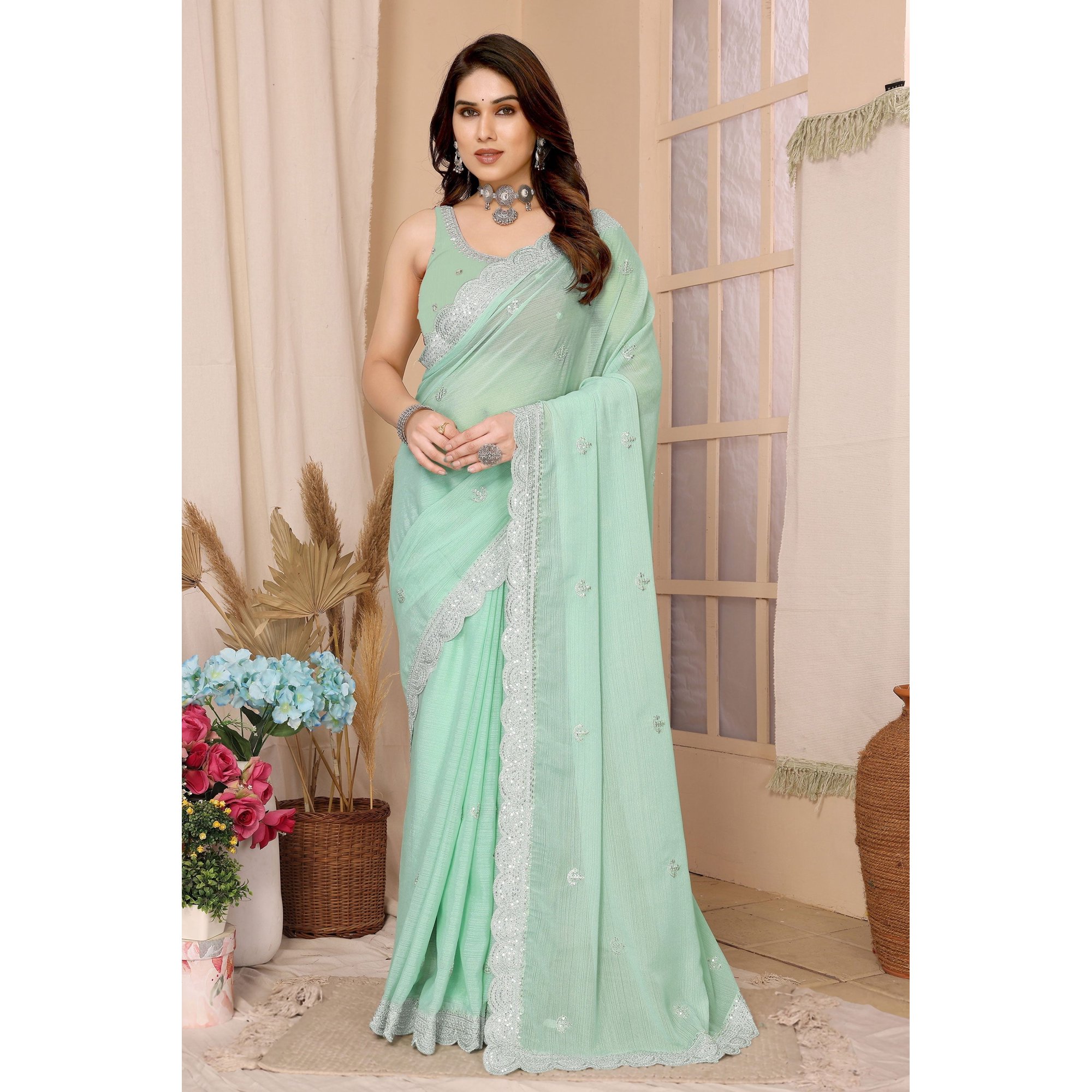 Saree Buta Green Chiffon Saree