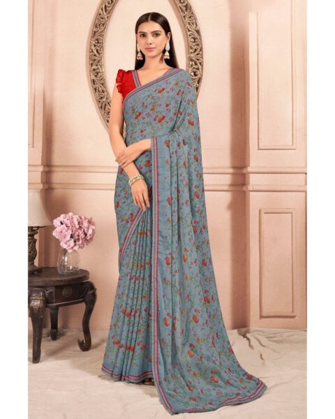 Saree Buta Grey Chiffon Printed Saree