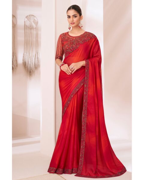 Saree Buta Red Chiffon Embroidered Saree