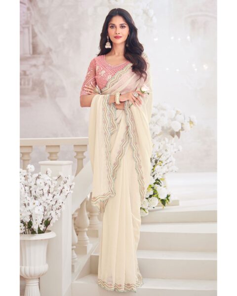 Saree Buta White Chiffon Embroidered Saree - Style 09956
