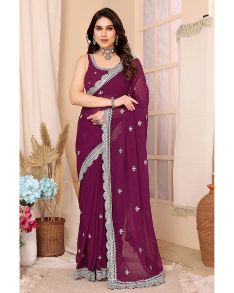 Saree Buta Wine Chiffon Embroidered Saree