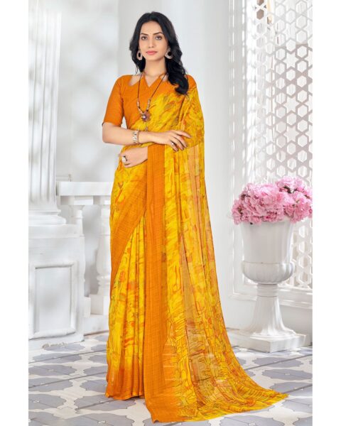 Saree Buta Mustard Chiffon Printed Saree